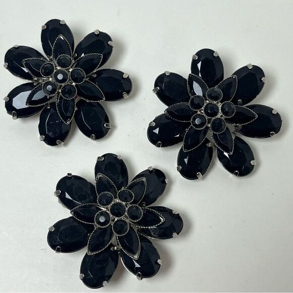 VTG French Jet Black Flower Brooch Set of 3 Silver tone Mourning Faceted - Picture 1 of 11
